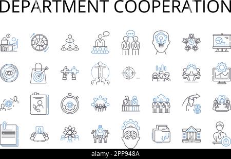 Department cooperation line icons collection. Teamwork collaboration, Mutual assistance, Independent collaboration, Synchronized effort, Cooperative Stock Vector