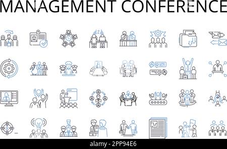 Management conference line icons collection. Executive meeting, Leadership seminar, Professional gathering, Business forum, Strategic summit Stock Vector
