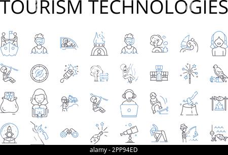 Tourism technologies line icons collection. Artificial intelligence, Social media, Virtual reality, Mobile applications, E-commerce, Online marketing Stock Vector