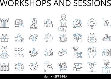 workshops and sessions line icons collection. Seminars and lectures, Talks and speeches, Classes and tutorials, Conferences and symposiums, Meetings Stock Vector