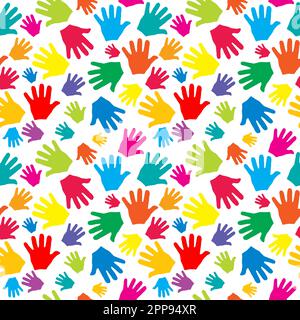 Seamless pattern with colored palms of children on white background Stock Vector