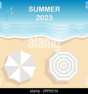 Summer 2023 poster background. Beach banner with two umbrellas Stock Vector
