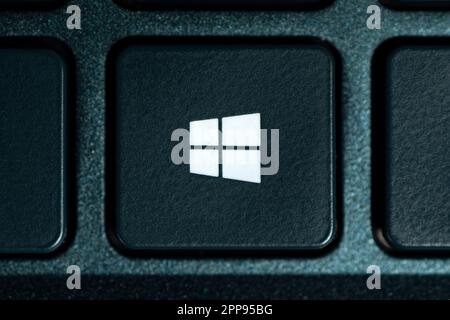 top view windows logo on the black laptop keyboard buttons. Barnaul. Russia March 28, 2023 Stock Photo