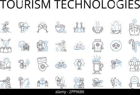 Tourism technologies line icons collection. Artificial intelligence, Social media, Virtual reality, Mobile applications, E-commerce, Online marketing Stock Vector