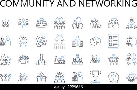 Community and networking line icons collection. Society, Group, Association, Neighborhood, Tribe, Faction, Fellowship vector and linear illustration Stock Vector
