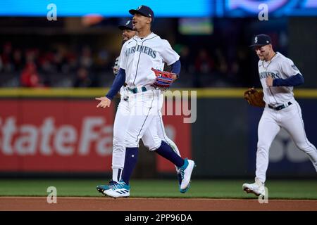 DETROIT, MI - MAY 13: Seattle Mariners center fielder Julio Rodriguez (44)  bats during an MLB game against the Detroit Tigers on May 13, 2023 at  Comerica Park in Detroit, Michigan. (Photo