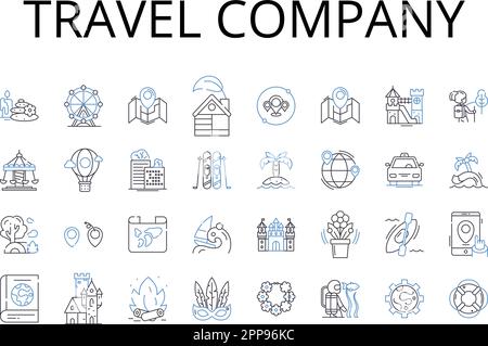 Travel company line icons collection. Adventure agency, Tour operator, Vacation planner, Journey experts, Excursion bureau, Trekking company, Roaming Stock Vector