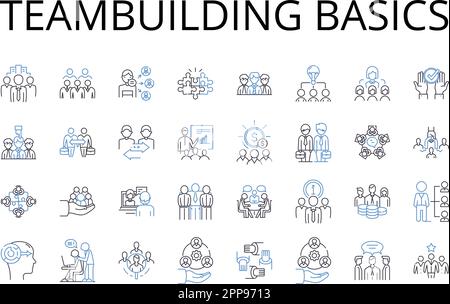 Teambuilding basics line icons collection. Leadership essentials, Communication skills, Conflict resolution, Time management, Project management Stock Vector
