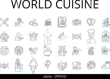 World Cuisine line icons collection. Fine Dining, Fresh Produce, Coastal Cuisine, Gourmet Food, Savory Flavors, Rich Ingredients, Regional Dishes Stock Vector