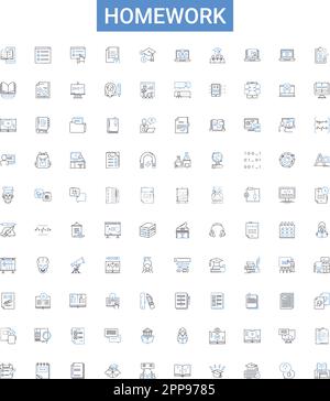 Homework outline icons collection. Exercise, Assignment, Task, Study, Quiz, Projects, Research vector illustration set. Writing, Papers, Practice line Stock Vector