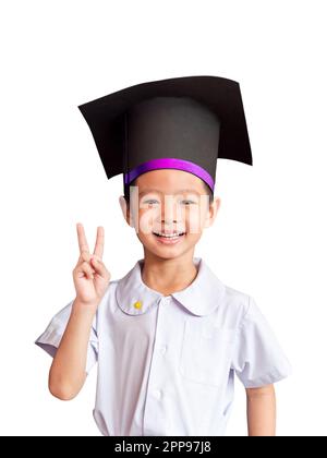 Asian boy with an academic gown hat , white background Stock Photo