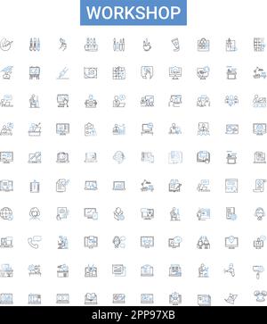 Workshop outline icons collection. Workshop, Training, Seminar, Education, Conference, Skill, Class vector illustration set. Craft, Symposium Stock Vector