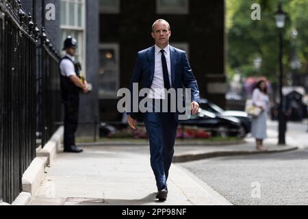 (230423) -- LONDON, April 23, 2023 (Xinhua) -- This photo taken on July 12, 2022 shows Dominic Raab arriving to attend the cabinet meeting in 10 Downing Street in London, Britain. United Kingdom (UK) Deputy Prime Minister Dominic Raab resigned on Friday, one day after an independent report into allegations that he bullied staff members while working at several government departments reached the desk of Prime Minister Rishi Sunak. Oliver Dowden, chancellor of the Duchy of Lancaster, has been appointed as the new deputy prime minister. Alex Chalk, currently serving as minister of state in the Stock Photo