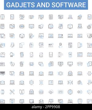 Gadjets and software outline icons collection. Gadgets, Software, Electronics, Technology, Computers, Phones, Tablets vector illustration set. Cameras Stock Vector