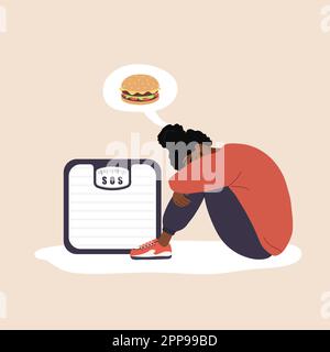 Food addiction concept. Eating disorder. Sad african woman sitting on floor and hugging knees. Depressed girl thinking about hamburger. Vector Stock Vector