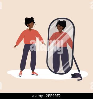Eating disorder. Slim african woman looking herself fat in mirror and feel insecure human. Rejection of yourself. Bulimia or anorexia. Girl with Stock Vector