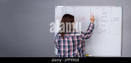 Back view of female teacher standing at a whiteboard, writing on the board, explaining grammar rules to students. Education and learning concept. Stock Photo