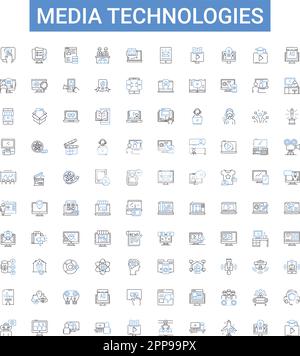 Media technologies outline icons collection. Multimedia, Broadcasting, Streaming, Video, Audio, Graphics, Webcast vector illustration set. Internet Stock Vector