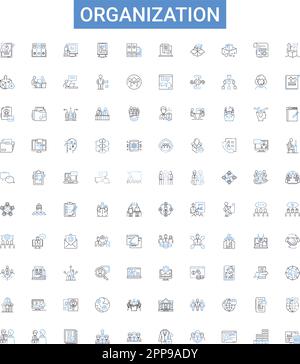 Organization outline icons collection. Organize, Structure, Entity, Group, Network, Order, Unit vector illustration set. Array, Council, Congregation Stock Vector