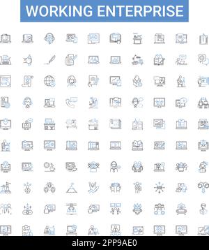 Working enterprise outline icons collection. Enterprise, Working, Business, Organization, Firm, Company, Corporation vector illustration set Stock Vector