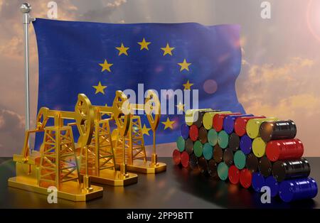 The European Union's petroleum market. Oil pump made of gold and barrels of metal. The concept of oil production, storage and value. European Union fl Stock Photo