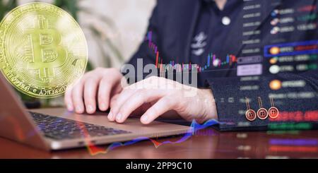 programmer at home writes programming code script on virtual Stock Photo