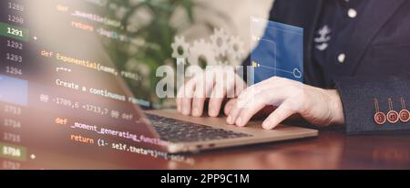 programmer at home writes programming code script on virtual Stock Photo