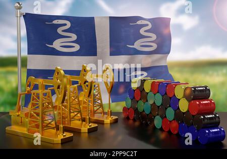 The Martinique's petroleum market. Oil pump made of gold and barrels of metal. The concept of oil production, storage and value. Martinique flag in ba Stock Photo