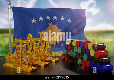 The Kosovo's petroleum market. Oil pump made of gold and barrels of metal. The concept of oil production, storage and value. Kosovo flag in background Stock Photo