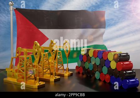 The Palestine's petroleum market. Oil pump made of gold and barrels of metal. The concept of oil production, storage and value. Palestine flag in back Stock Photo