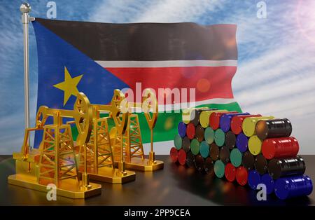 The South Sudan's petroleum market. Oil pump made of gold and barrels of metal. The concept of oil production, storage and value. South Sudan flag in Stock Photo