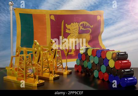 The Sri Lanka's petroleum market. Oil pump made of gold and barrels of metal. The concept of oil production, storage and value. Sri Lanka flag in back Stock Photo