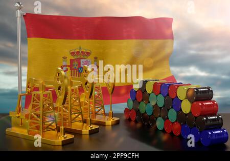 The Spain's petroleum market. Oil pump made of gold and barrels of metal. The concept of oil production, storage and value. Spain flag in background. Stock Photo