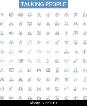 Talking people outline icons collection. Conversing, Chattering, Chatting, Discussing, Dialoguing, Interacting, Speaking vector illustration set Stock Vector
