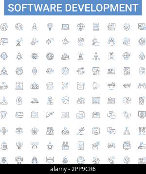 Software development outline icons collection. Software, Development, Coding, Programming, Debugging, Testing, Designing vector illustration set Stock Vector