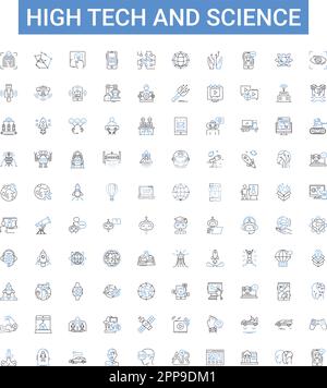 High tech and science outline icons collection. Tech, Science, High-Tech, Artificial, Intelligence, Robotics, Computer vector illustration set Stock Vector