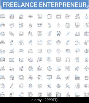 Freelance enterpreneur outline icons collection. Freelancer, Entrepreneur, Self-Employed, Independent, Contractor, Consultant, Freelance vector Stock Vector