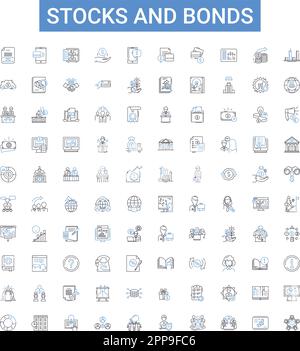 Stocks and bonds outline icons collection. stocks, bonds, investment, securities, equity, debt, market vector illustration set. exchange, trading Stock Vector