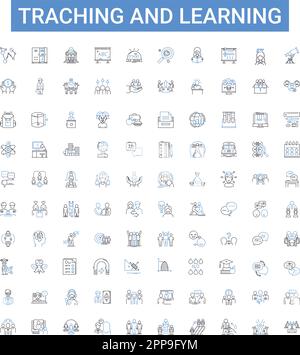 Traching and learning outline icons collection. Teaching, Learning, Education, Instruction, Curriculum, Assessment, Methodology vector illustration Stock Vector