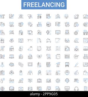 Freelancing outline icons collection. Freelance, Jobs, Contractor, Self-Employment, Gigs, Solopreneur, Outsourcing vector illustration set Stock Vector