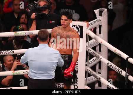 Las Vegas, Nevada, USA. 22nd Apr, 2023. April 22, 2023, Las Vegas, Nevada, LAS VEGAS, NEVADA, United States: LAS VEGAS, NEVADA -April 22: Ryan Garcia in the 12-round main-event Lightweight bout at Premier Boxing Champions - Davis vs Garcia at T-Mobile Arena on April 22, 2023 in Las Vegas, Nevada. (Credit Image: © Alejandro Salazar/PX Imagens via ZUMA Press Wire) EDITORIAL USAGE ONLY! Not for Commercial USAGE! Credit: ZUMA Press, Inc./Alamy Live News Stock Photo