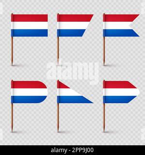 Realistic various Dutch toothpick flags. Souvenir from Netherlands. Wooden toothpicks with paper flag. Location mark, map pointer. Blank mockup for Stock Vector