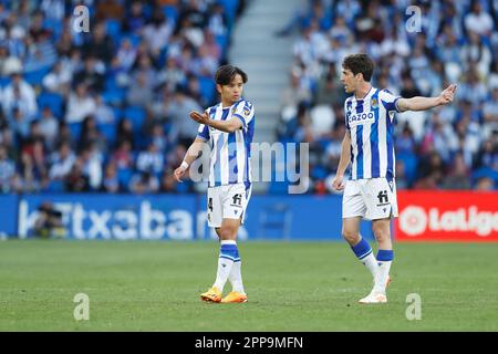 San Sebastian, Spain. 22nd Apr, 2023. (L-R) Takefusa Kubo, Imanol Alguacil  (Sociedad) Football/Soccer : Spanish La Liga Santander match between Real  Sociedad 2-1 Rayo Vallecano at the Reale Arena in San Sebastian