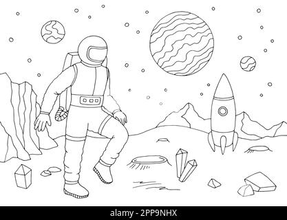 Spaceman astronaut walking on alien planet. Graphic black and white space landscape sketch illustration, vector Stock Vector