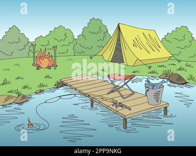 Fishing camping graphic color landscape sketch illustration vector Stock Vector