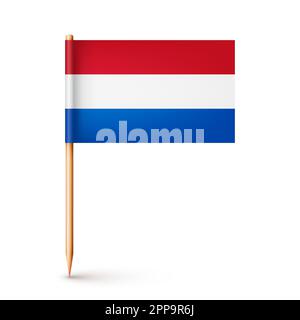 Realistic Dutch toothpick flag. Souvenir from Netherlands. Wooden toothpick with paper flag. Location mark, map pointer. Blank mockup for advertising Stock Vector