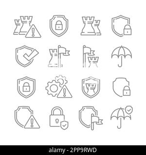 Security line vector icon set. Safety, guard shield and padlock outline icons. Stock Vector