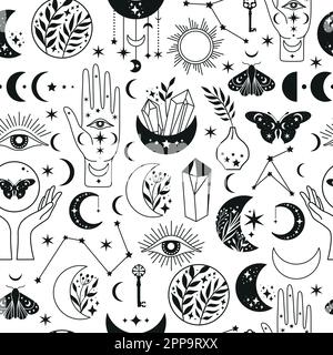 Seamless pattern Mystical moon phases and woman hands and moth, alchemy esoteric magic space, vector isolated on white background Stock Vector
