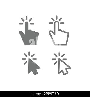 Mouse hand and arrow click line and fill vector icon set. Cursor clicking outline icons. Stock Vector