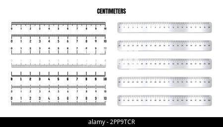 Realistic metal rulers with black centimeter scale for measuring length or height. Various measurement scales with divisions. Ruler, tape measure Stock Vector